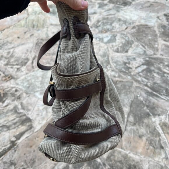 MICHAEL KORS Gansevoort Natural Hemp Canvas Mocha Brown Leather Shoulder Bag - Picture 7 of 9